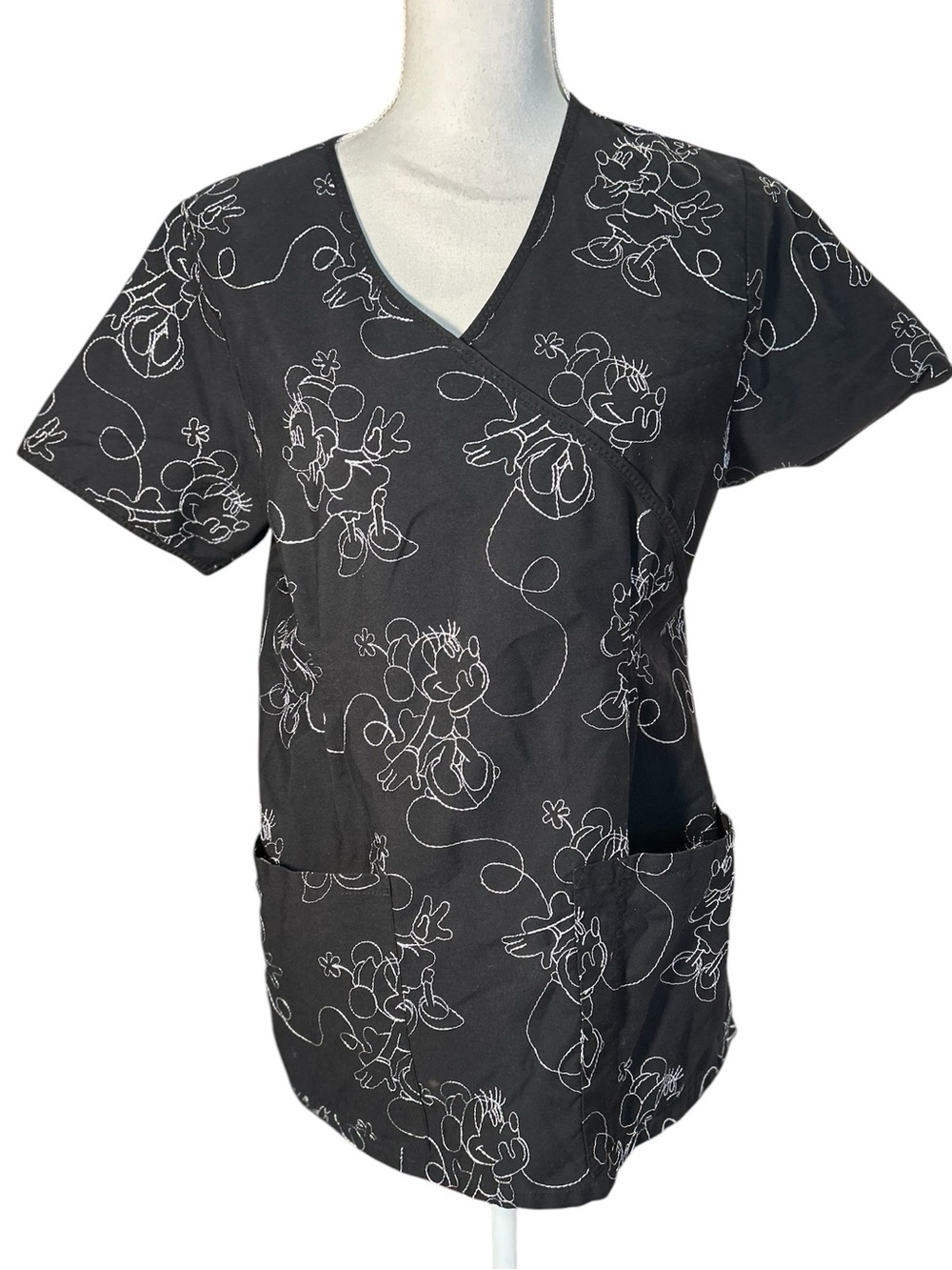 Disney Black Scrub Top with White Minnie Outline Embroidered Print